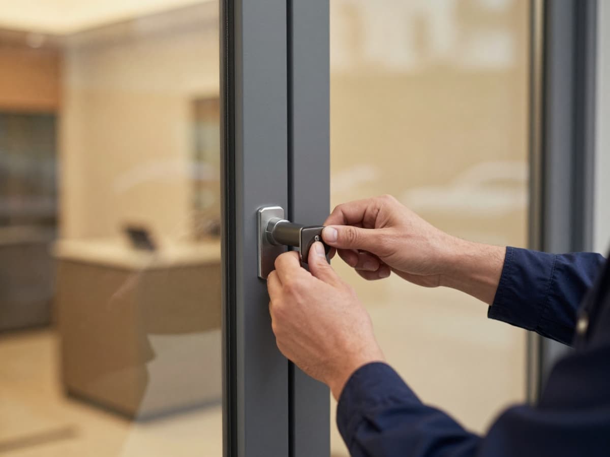 Locksmith servicing a commercial glass storefront door