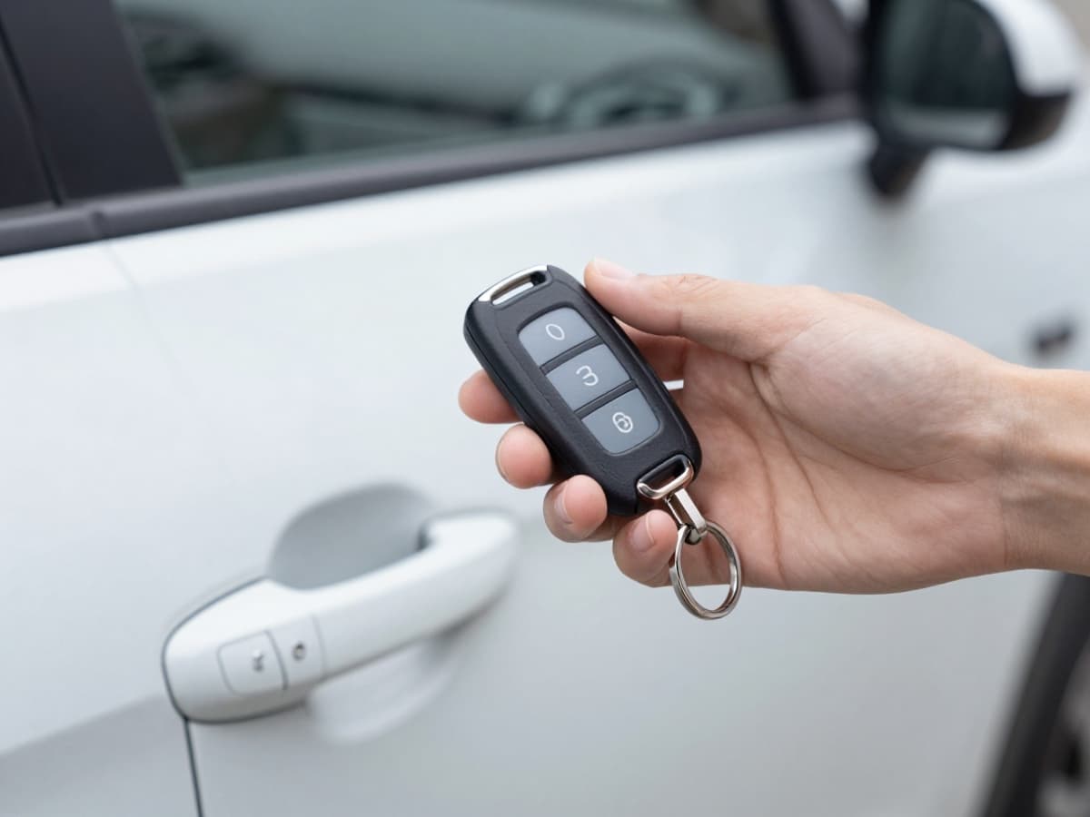 Hand holding a car key fob next to a vehicle
