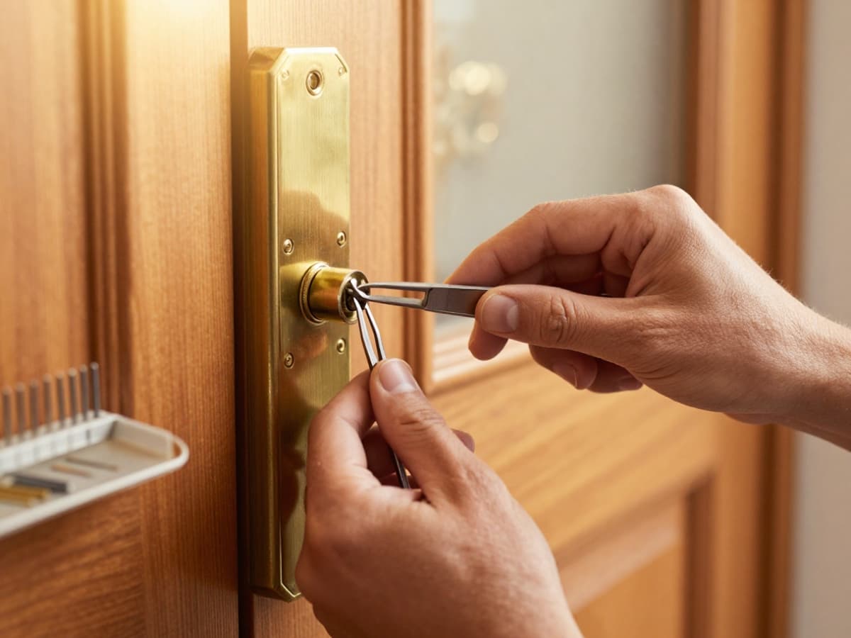 Locksmith rekeying a residential deadbolt