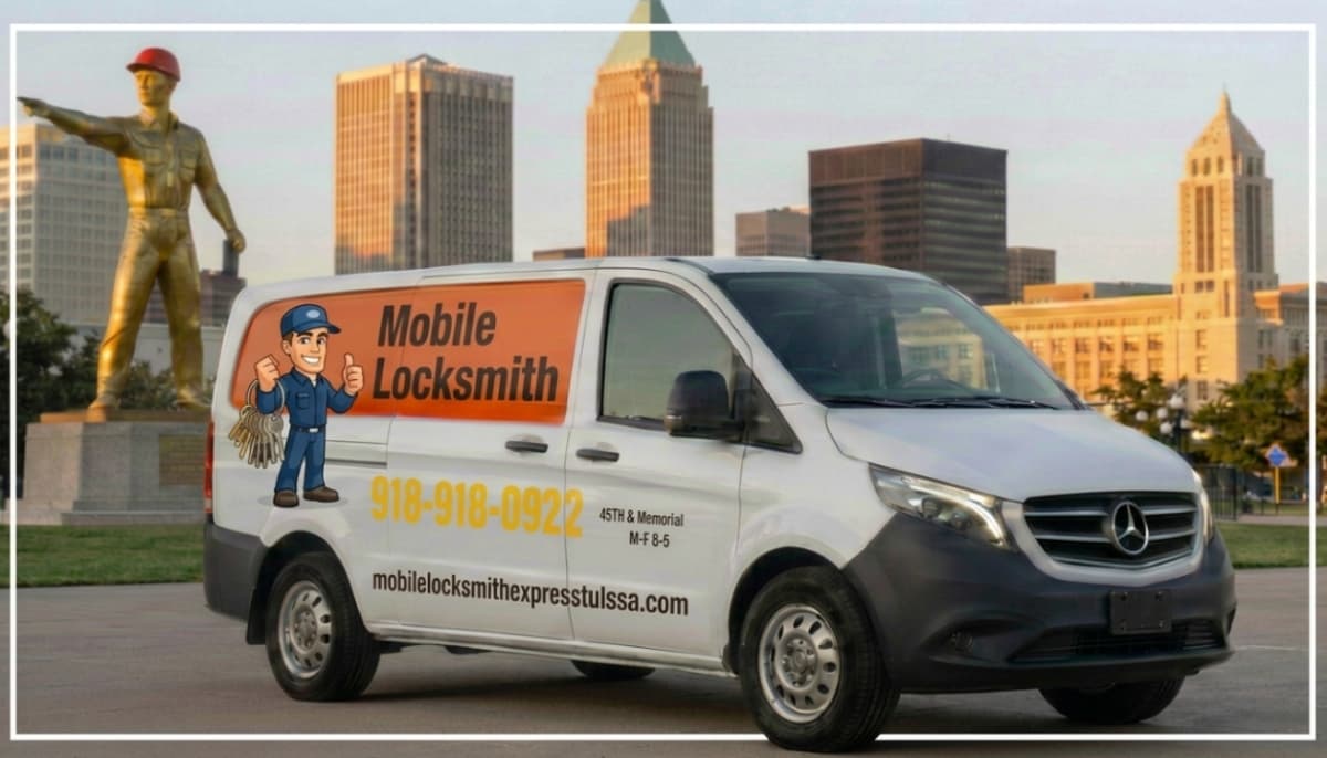 Mobile Locksmith Express service van with the Golden Driller and downtown Tulsa skyline in the background
